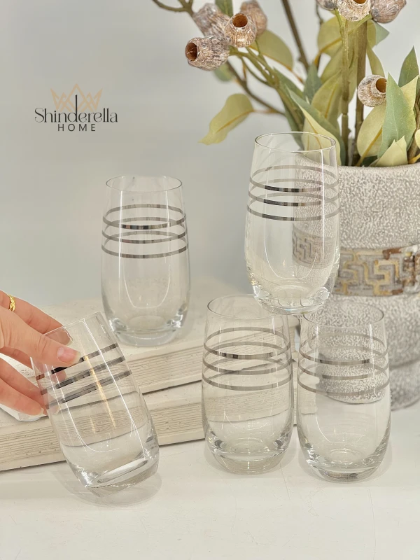 طقم كاسات مي كريستال  فضي مخطط