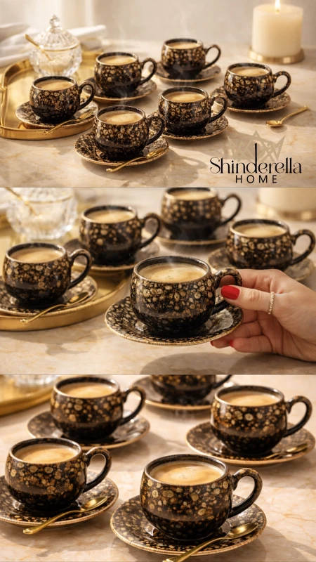 طقم فناجين قهوة بني مع نقشة✨