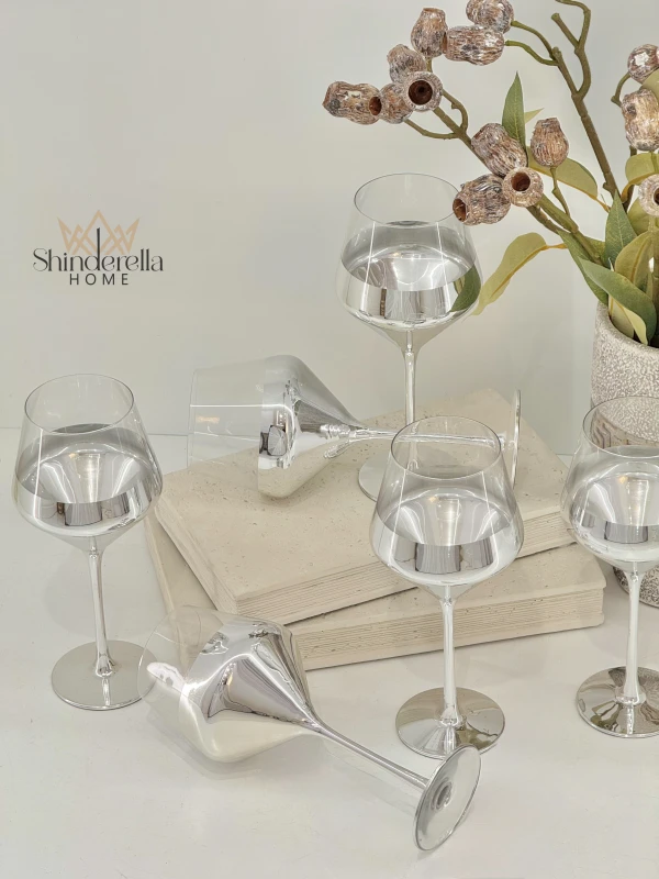 طقم كاسات عصير كريستال  اجر طويلة فضي