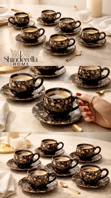 طقم فناجين قهوة اسود مع نقشة✨