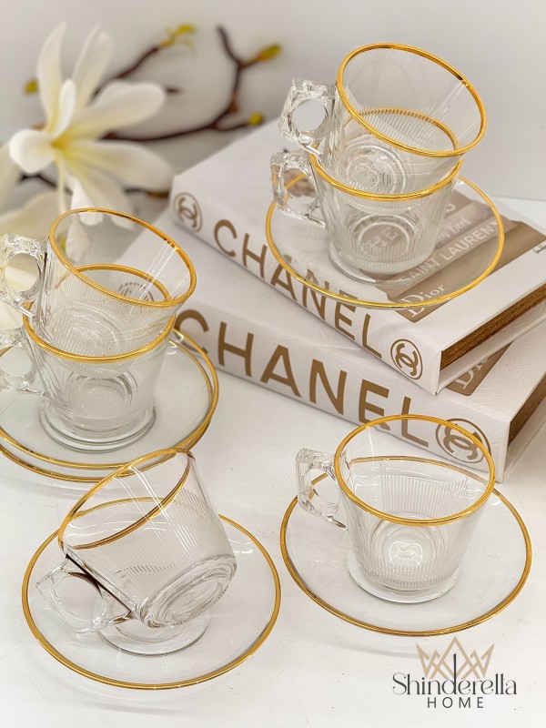 كاسات شاي كريستال مذهب مع نقشة